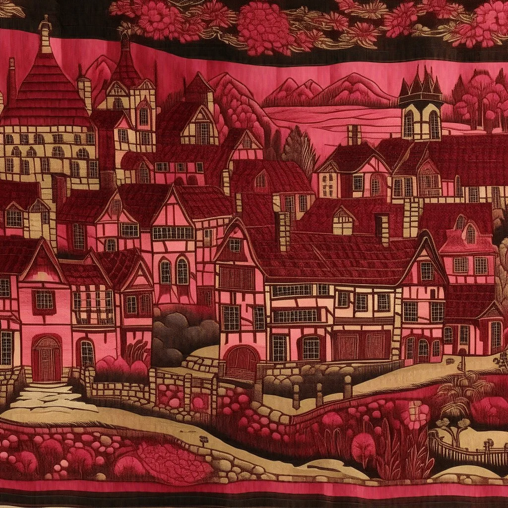 A dark reddish magenta village designed in medieval tapestry