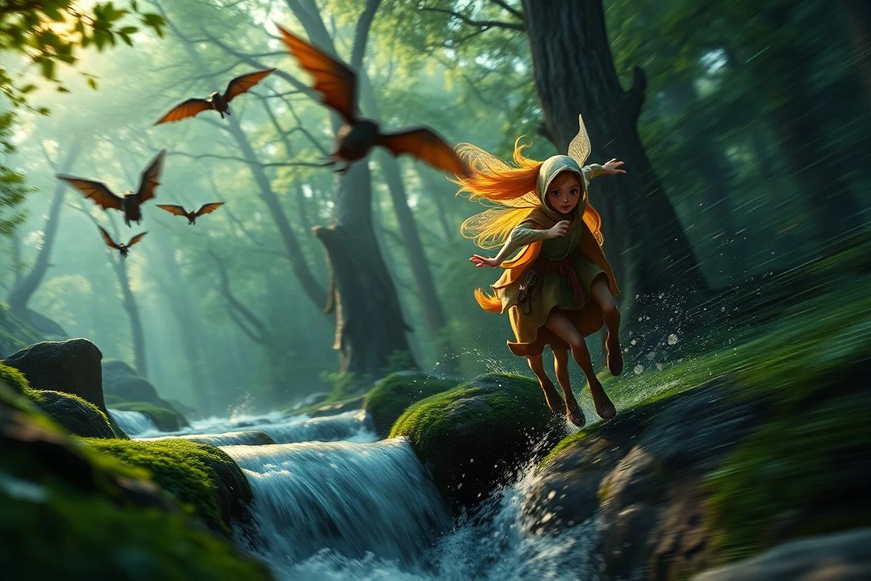 volumetric light, oil painting ,evening and motion blur running caped long haired pixie Quickling - Forgotten Realms dodging flying bats above water fall and along winding branches in lush green forest along speeding horses , bokeh like f/0.8, tilt-shift lens 8k, high detail, smooth render, down-light, unreal engine, prize winning