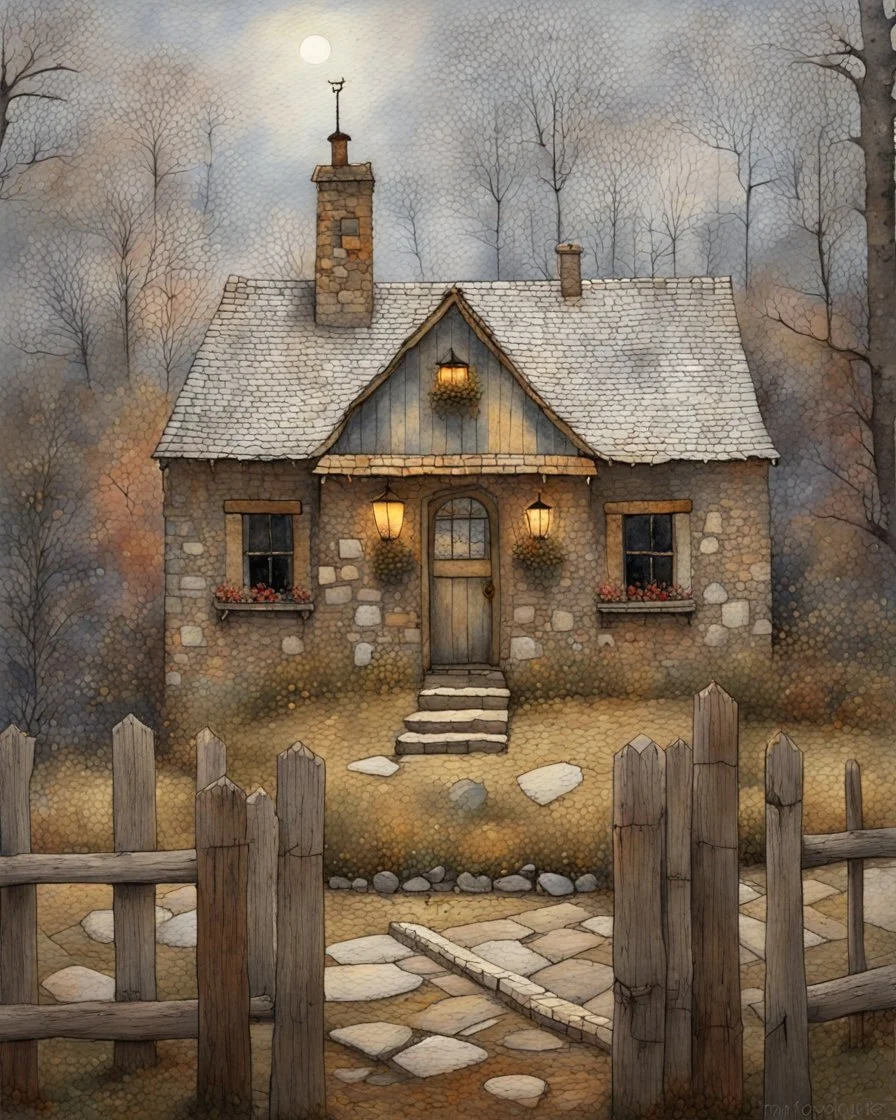 lone old stone cottage with lights on, by Frozen apocalypse " a patchwork art by Jamie heiden, peter doig, Renoir, pol Ledent, endre penovac, Gustave Loiseau, Arthur Rackham, Doug Chinnery, Maud Lewis. inlay, watercolors and ink, beautiful, fantastic view, extremely detailed, intricate, best quality, highest definition, rich colours. intricate beautiful dynamic lighting award winning fantastic view ultra detailed 4K 3D high definition hdr elegant intricate beautiful award winning fantastic view