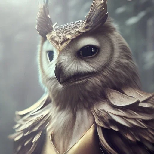 realistic, octane portrait, natural lighting,full body shining gold metal, elegant, bokeh, volumetric lighting, extreme detail, Photorealism, High detail, Hyper realistic Owl in forest, macro lens blur, 80mm, cinema4d, HDR, 8k, unreal engine 5