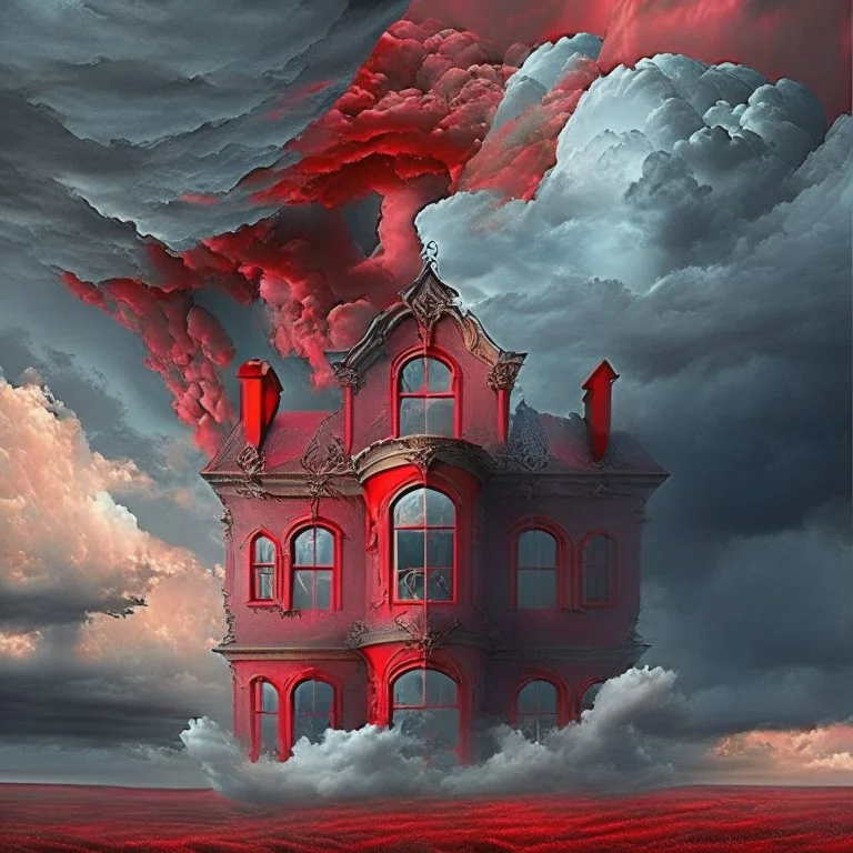 Add more windows to the design. change the sky to a decadent red, storm clouds.