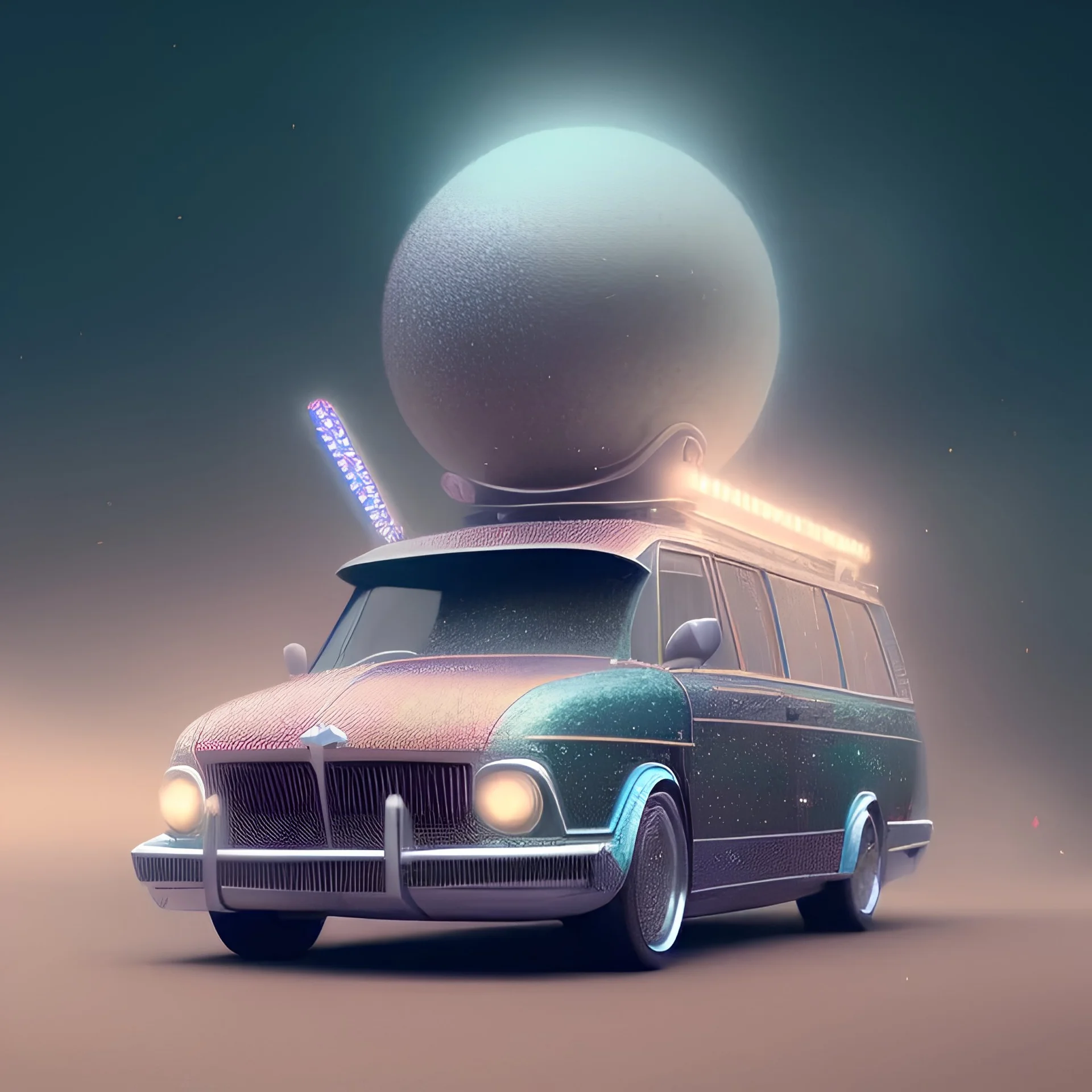 Big caravan, ultra realistic, intricate details, ultra highly detailed, shiny, smooth, studio quality, octane render, Surrealism, Triadic colour scheme,glow-stick, ambient lighting,nightclub lighting, polaroid, 100mm, --ar 1:1 --v4