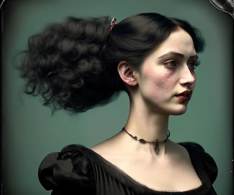 1800s, witch, victorian, portrait, choker, black curly hair, victorian dress, beautiful