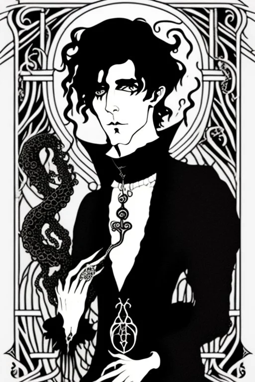 black haired young man necromancer wizard with gothic jewelry and tentacle fingers in the style of Aubrey Beardsley