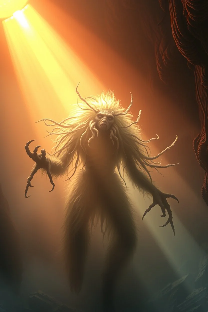 fog, volume light, sun beams, fluffy hair covered, søt som fy Medusa, en god og snill og flink og veldig søt og hårete som en hippie , humanoid skapning fra universet, de regjerer ofte i underjordiske byer . ser på seg selv som overlegne , abyss city, motion blur, painted by Giger