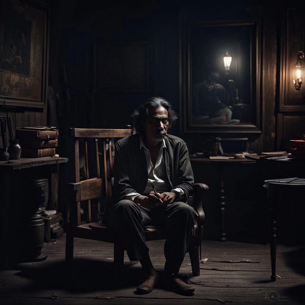 Hyper Realistic Jaun Elia Poet Sitting A Wooden Chair In His Dark Vintage Room Writing Poetry With Cigarette In His Other Hand At Dark Night With Cinematic & Dramatic Ambiance.