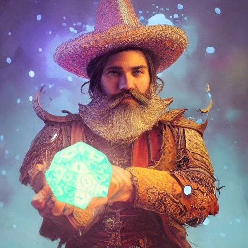 Insanely detailed photograph of an “D&D mariachi holding glowing D20” with intricate detailed beard, intricate clothing, hyperdetailed painting by Ismail Inceoglu Huang Guangjian and Dan Witz CGSociety ZBrush Central fantasy art album cover art,8K, hdr, mysterious, flickeringlights ,Stoic