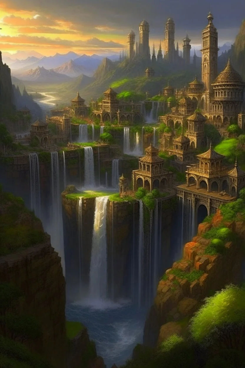 The Cascades are the name of a huge city built by humans, Dwarves and Gnomes into the hills of the Eternal Spires, the largest mountain range in the world. It is controlled by 3 large factions. There is a massive waterfall cascading through the entire city to a large pool in the middle of the town square near the Moon Temple