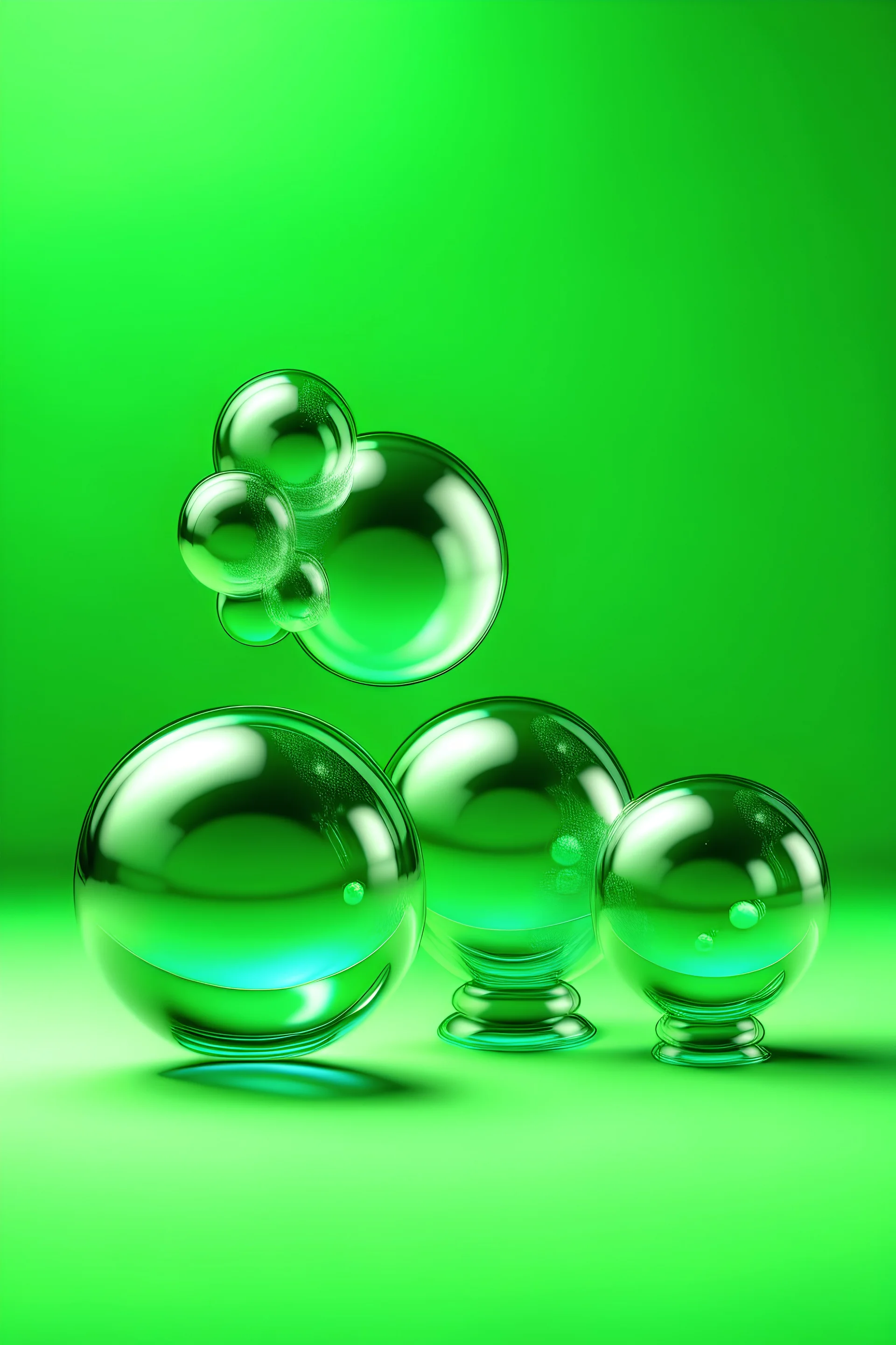 glass balls of different sizes balance in the air, space, behind a light green background and a bright glow