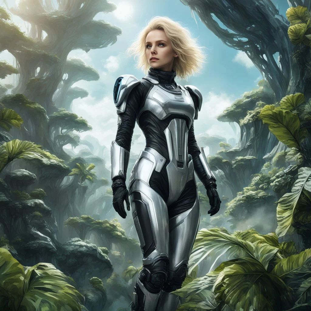 Photo of a slim sci-fi woman with scruffy blond hair, wearing a silver and black futuristic android-looking spacesuit, standing on an alien cloud tree jungle planet