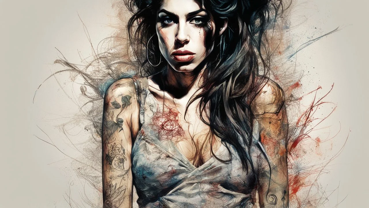 amy winehouse Stunning art masterpiece Basic style of horror, Overhead, hyper detailed, multi-layered illustration, in a highly detailed elegant unbuttoned dress, dynamic seductive pose, accentuating perfect anatomy, impressive concept by Carne Griffiths and Wadim Kashin, dynamic, highly detailed, symmetry, airbrush graffiti technique, high definition illustrations, soft and sharp focus, accent lighting, bold paint colors, symmetry, painted, intricate, volumetric lighting, beautiful masterpiece