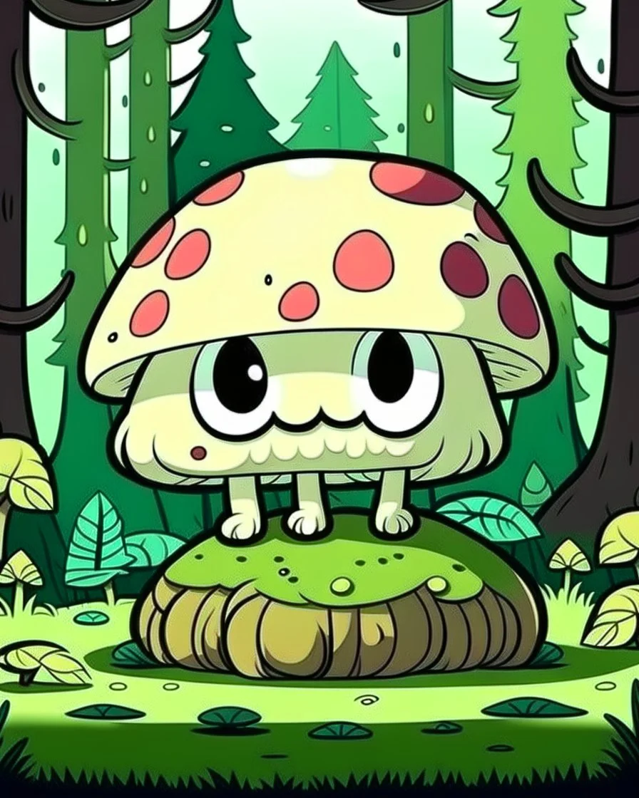 magical kawaii mushroom with a big, frowning mouth and droopy eyes, sitting on a mossy log in a quiet and peaceful forest, lost in its own thoughts, high details, forest background, cute, kawaii style, outline, cartoon style