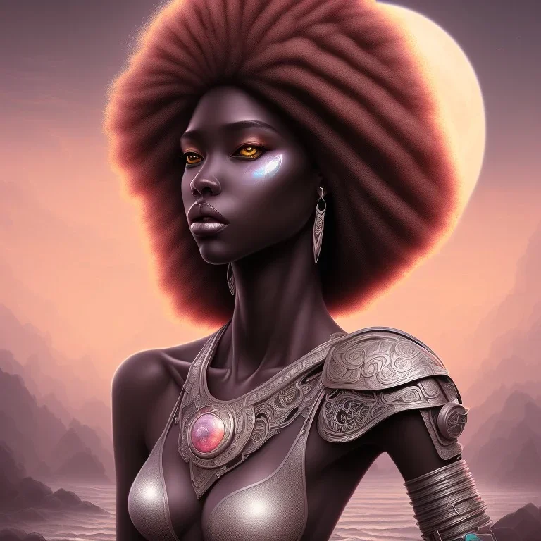 sango fantasy, fantasy magic, intricate, sharp focus, illustration, highly detailed, digital painting, concept art, matte, masterpiece head sexy African beauty black afro hair space lady silver beach sunset