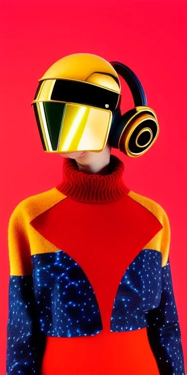 Photo Alina Li, thick thigh, thick calves. colors in 2023! Futurism, 90's, daft punk , turtle neck Printed Dots, plants.Mantle is sewed of recycled Denim and sewed together felt pieces and airy, big turtleneck.Big headphones, with gold rings, is merged with small felt cap with small visor. A bag is integrated to the mantle. Big camouflage Patterns are composed of orange, cream, cobalt blue, lilac and purple and warm colours. LATEX (blue). It is with big bright purple felt hood, tippet Apricot