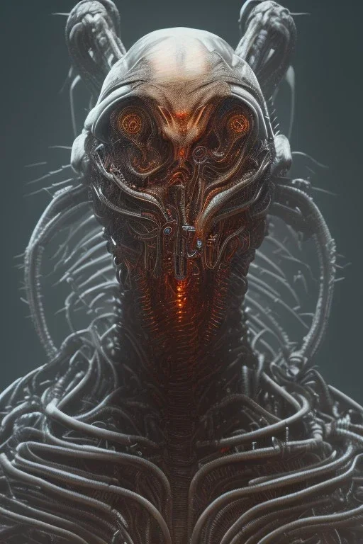 evil predator with crown, alien, brutal face, tron, head, burn eyes, 8k, finely detailed, dark light, photo realistic, hr giger, cyberpunk