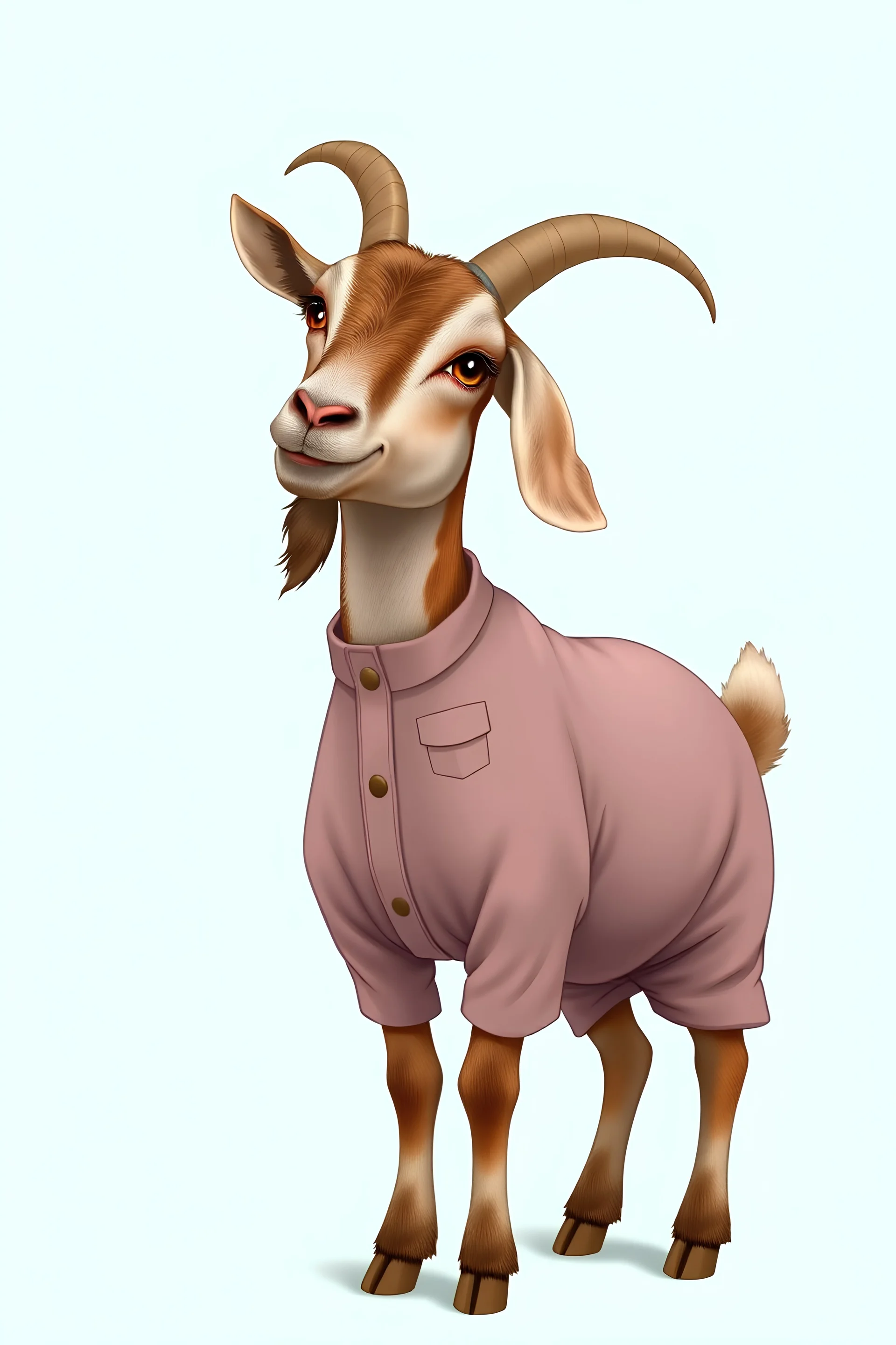 a picture of a goat standing and SMILING and wearing a female jumpsuit dress with fixed eyelashes