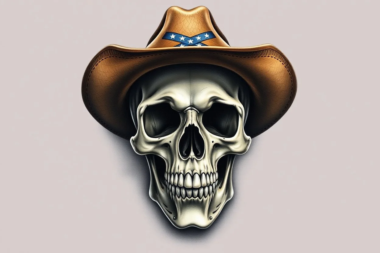 front facing skull (smiling, wearing a cowboy hat, confederate), airbrush