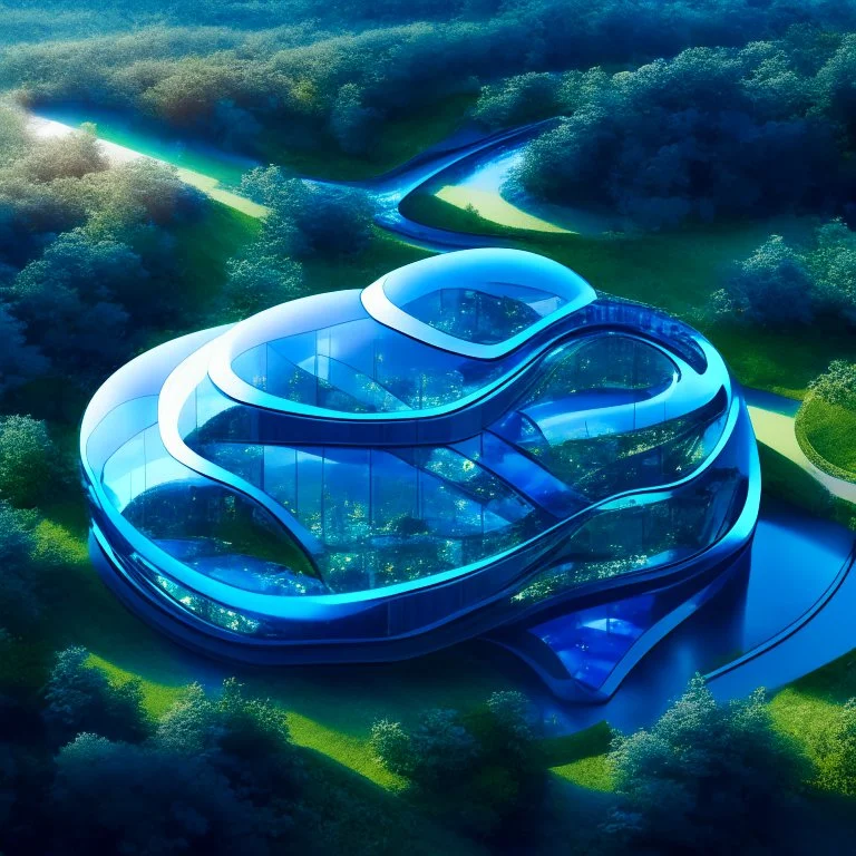 Vista aérea Casa campestre de cristal, estilo Zaha Hadid, ventanas de vidrio azul, Arte digital, calidad ultra, 8k, 3D, clima claro