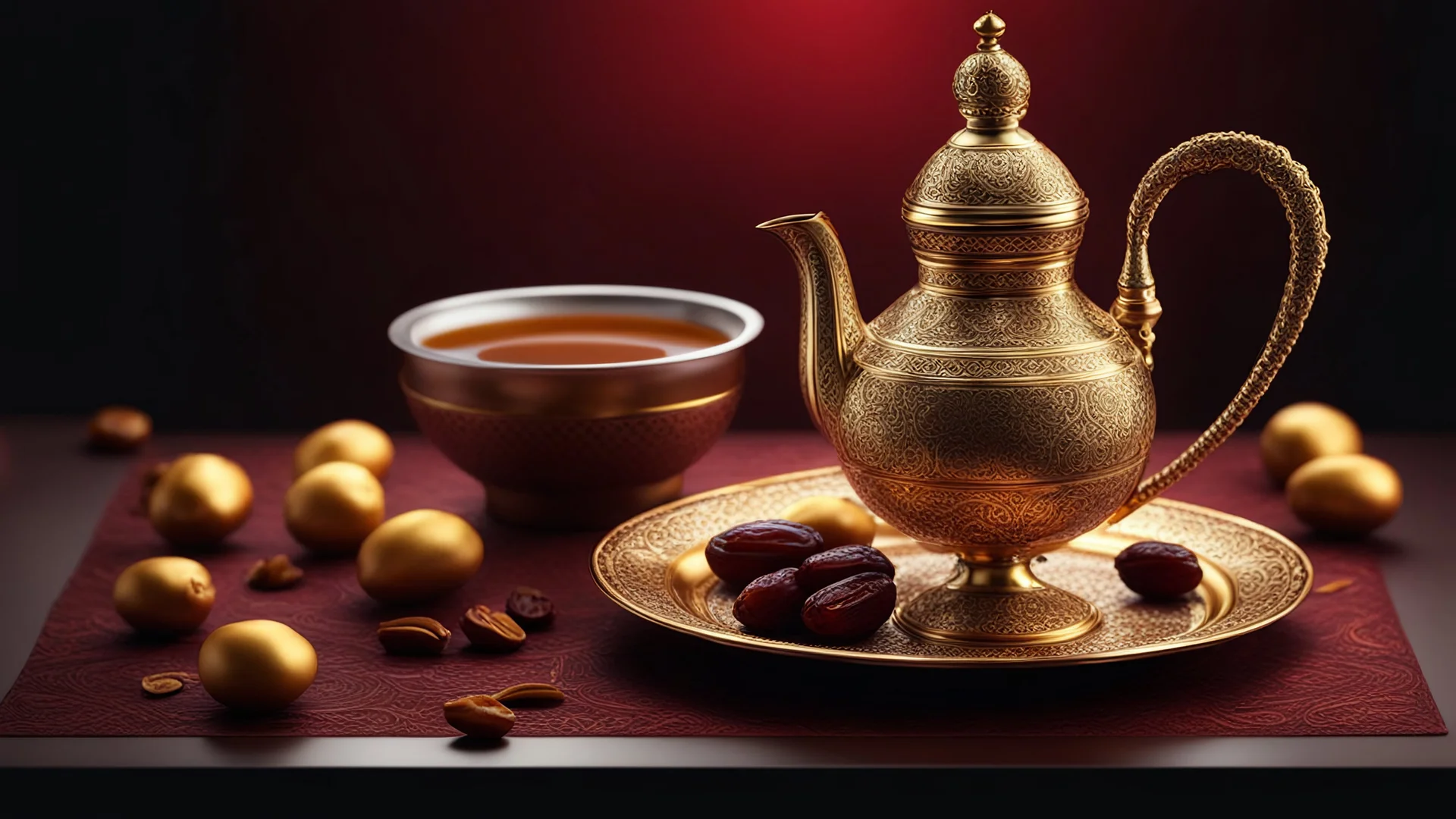 Arabian coffee with golden dallah on a dark red background, still life of Arabic traditional coffee pot or Dallah of ramadan served with saudi sweet dates, beautiful intricate insanely detailed octane render, trending on artstation, soft natural volumetric cinematic perfect light, chiaroscuro, award-winning photograph, masterpiece, 8k artistic photography, photorealistic concept art