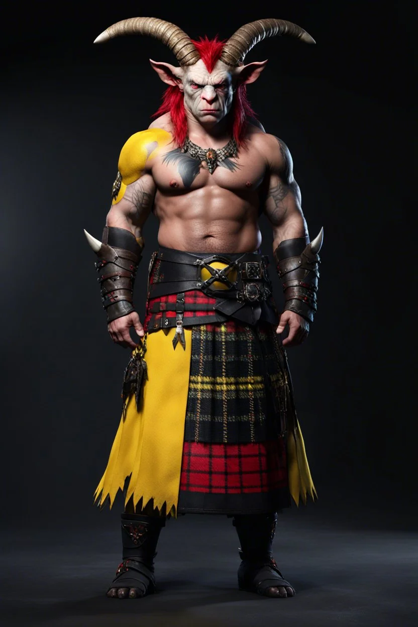 a Monster. who is big and has patch work scaling for skin. and horns. he is also wearing a Scottish clan kilt that's yellow black and red.4k. Photorealistic
