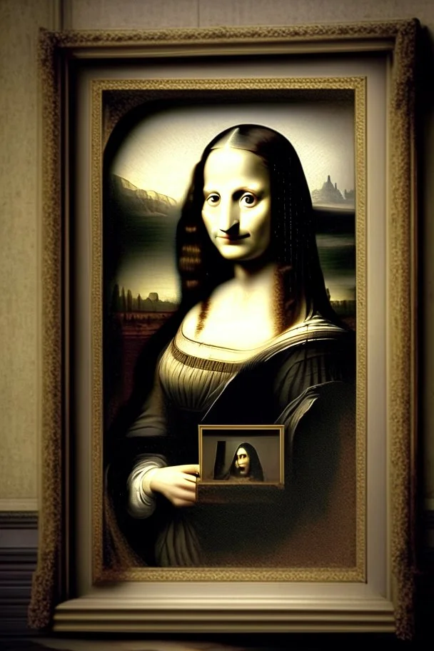 Mona Lisa, stepping out of the picture frame, at the Louvre