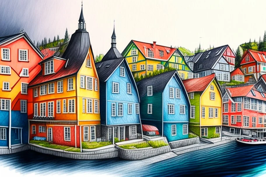 Colored pencil drawing, Very detailed, Drawing of the colorfull houses in the city Bergen in Norway. Colorfull, professional, detailed, pencil strokes, calm composition, zoom out.