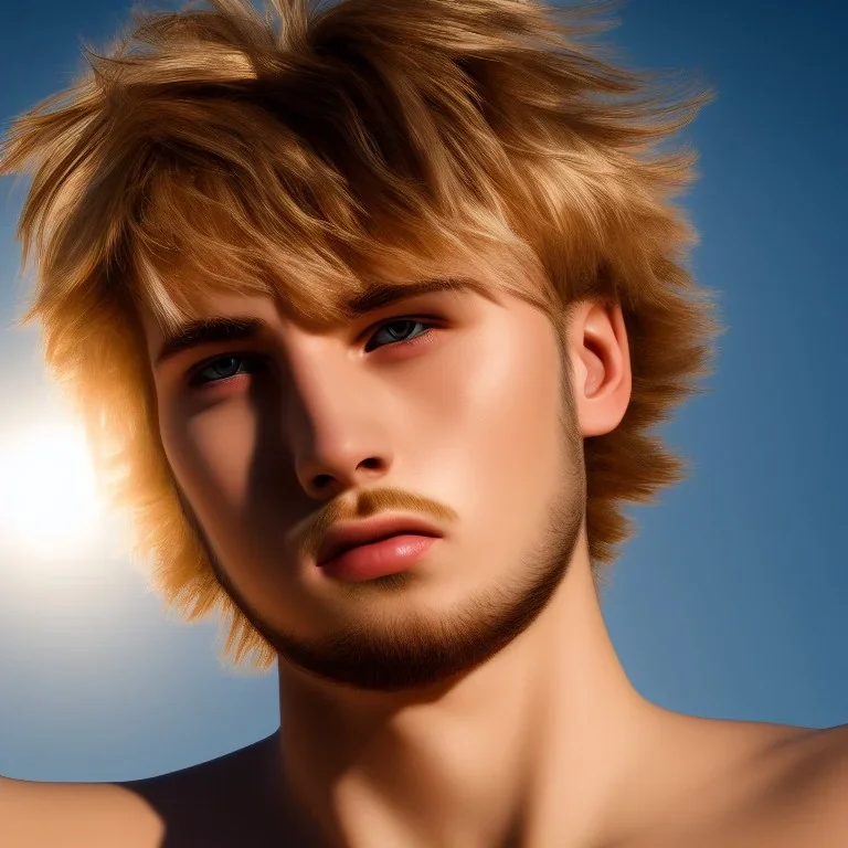 masterpiece, best quality, beautiful boy, blond flutter hair, highly detailed body, sun light, 4K, RAW, depth of field, high contrast, realistic details, 150mm