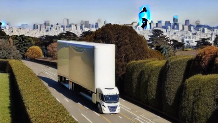 A Tesla semi-truck is racing at top speed, across the 'Golden Gate Park', in San Francisco. CINEMATIC. WIDE ANGLE LENS. PHOTO REAL.