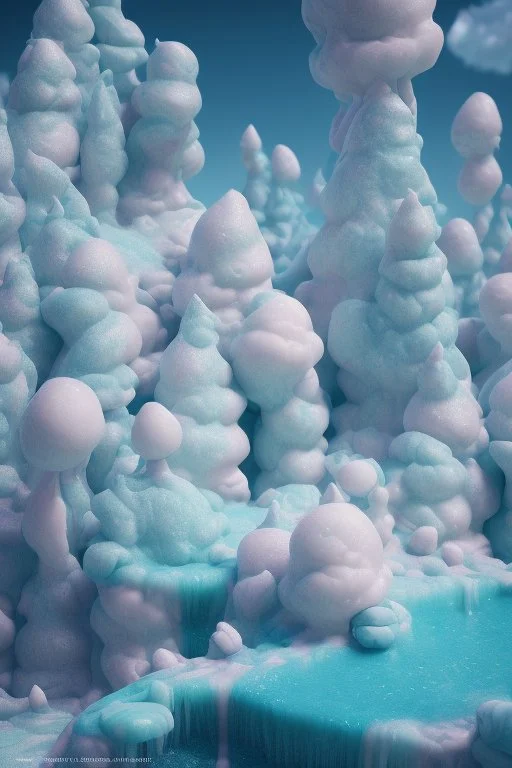 detailed peaceful landscape made of cake frosting, cotton candy, ice cream, strong texture, extreme detail, octane render