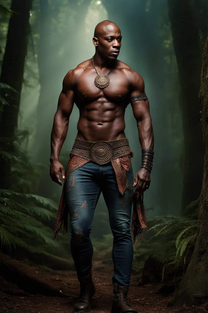 Alimi Ballard as muscular man bald with tribal tattoos wearing jeans and a teeshirt, fantasy, forest