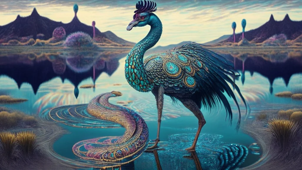 A proud cock strutting near the mysterious lakes of huge snakes; neo-surrealism dystopian elegant fantastical intricate hyperdetailed holographic magnificent meticulous mysterious ominous