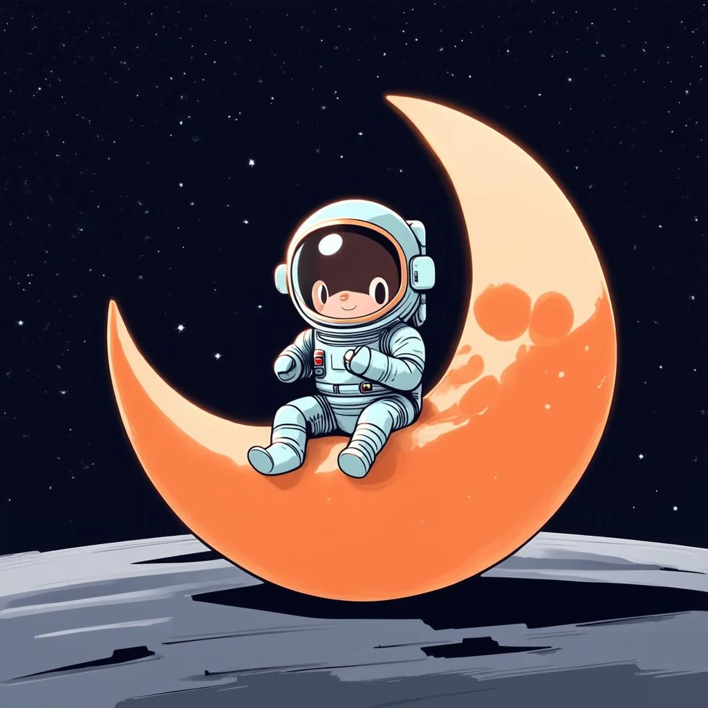 A whimsical digital illustration of a cartoonish astronaut, delicately rendered in soft pastel hues, sitting on a tiny, cratered moon, lost in thought as they stare out into the vast, starry expanse of empty space, their bright orange spacesuit a pop of color against the muted, celestial backdrop, with subtle texture and gentle shading adding depth to the minimalist composition, evoking a sense of wonder and contemplation, as if pondering the mysteries of the cosmos, amidst the eerie silence of