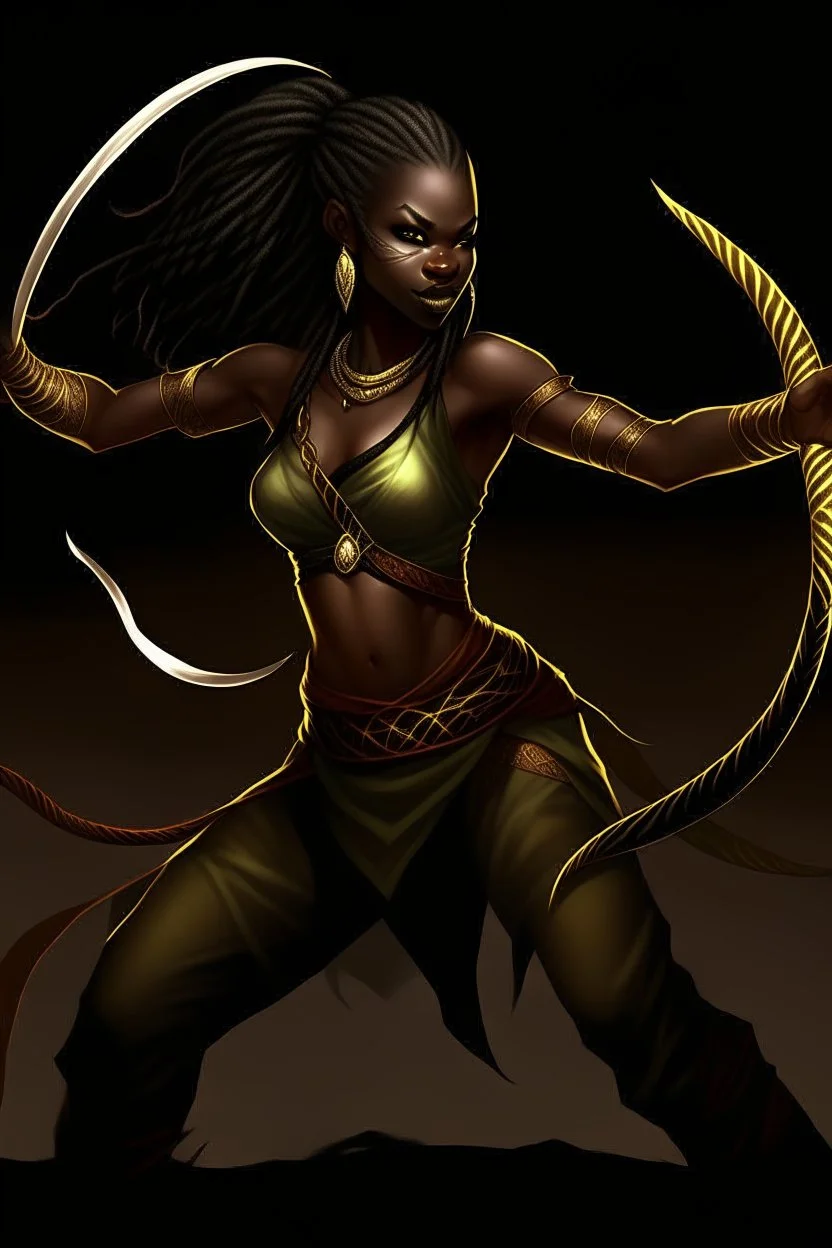 female dark skin Shadar-Kai wielding a Whip a whip made out of black thorns