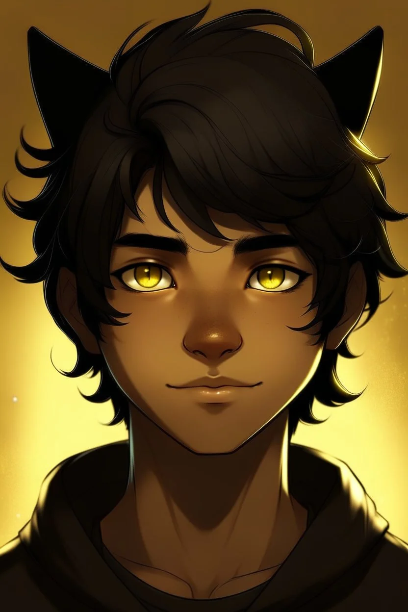 At teen male with messy black hair, gold eyes, large black cat ears, slight smile, dark skin