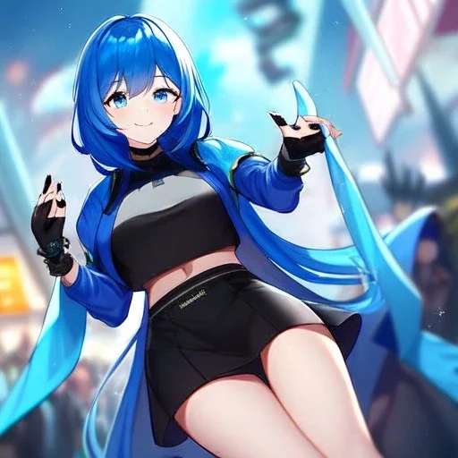 Clear focus,High resolution, Vibrant short blue hair, Vibrant blue eyes, Wearing a black short skirt,black crop top sleevelss,blue cut sleeves,black fingerless gloves, Smiling,Long bangs