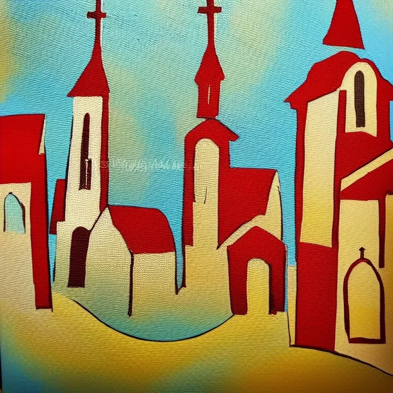 an abstract painting of a small town with orthodox church, textured, highly detailed