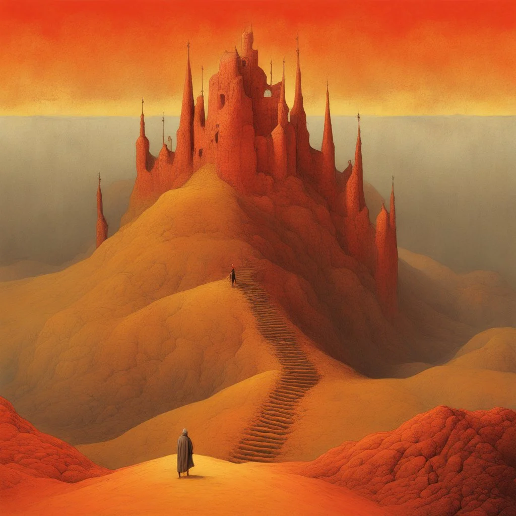 The pernicious demands of climbing the social ladder, PANIC MOVEMENT, absurd, styled by Zdzislaw Beksinski and Leonora Carrington, asymmetrical surrealism, muted colors and textures, eerie, vertigo-inducing expansive landscape of Beksinski, minimal surreal elongated elements of Carrington, trending on Artstation, 8k, wonderfully morbid, crimson and mustard and midnight_blue color scheme, matte oil painting, additional style by Jaume Capdevila