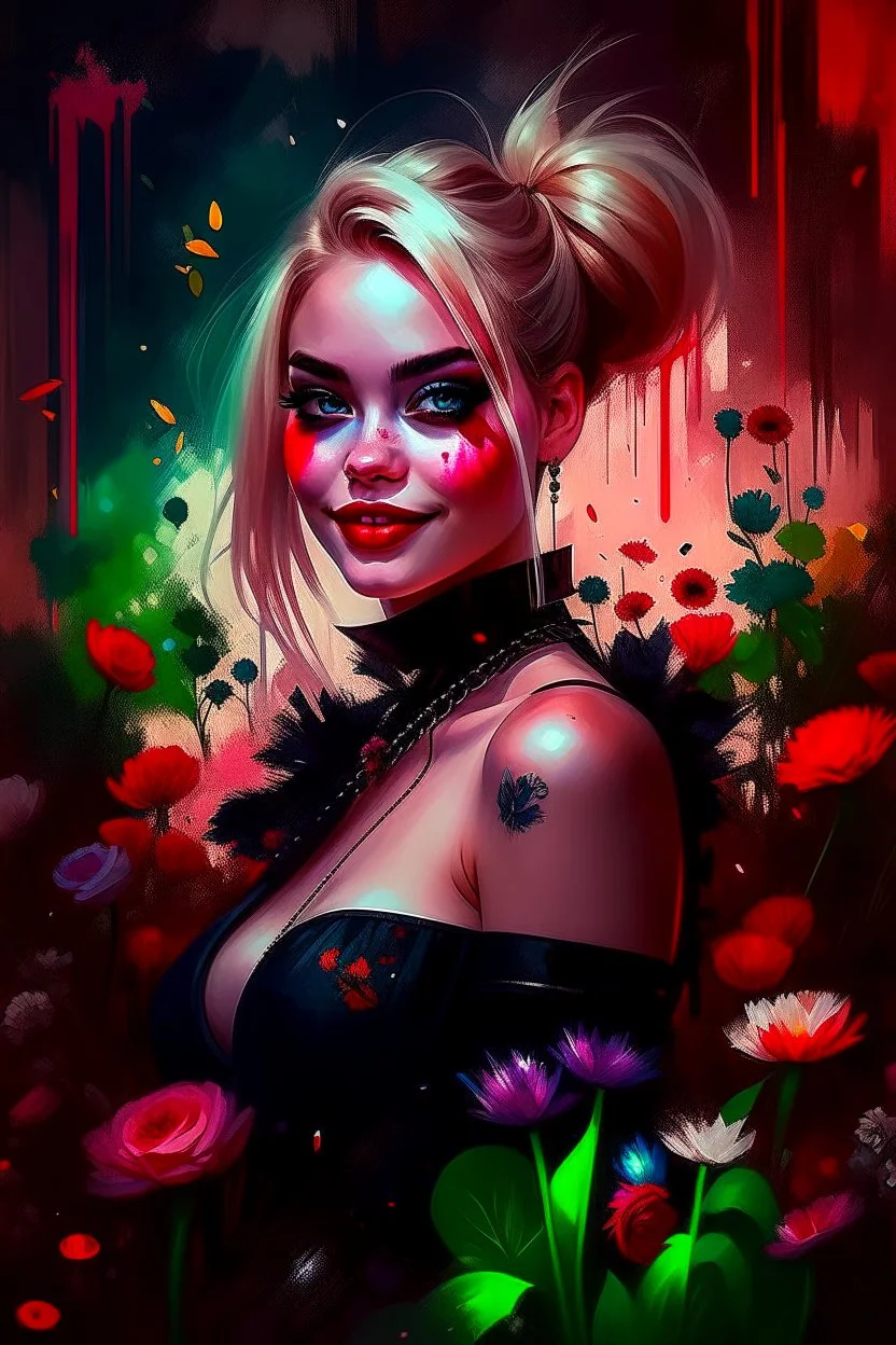 realistic portrait of harley quinn an image of showing a dance of flowers, where each petal and stem moves rhythmically, creating a floral ballet, dark flowery swamp, acid ground, ruins, floral fantasia, dark sci-fi, terraforming with biomechanical