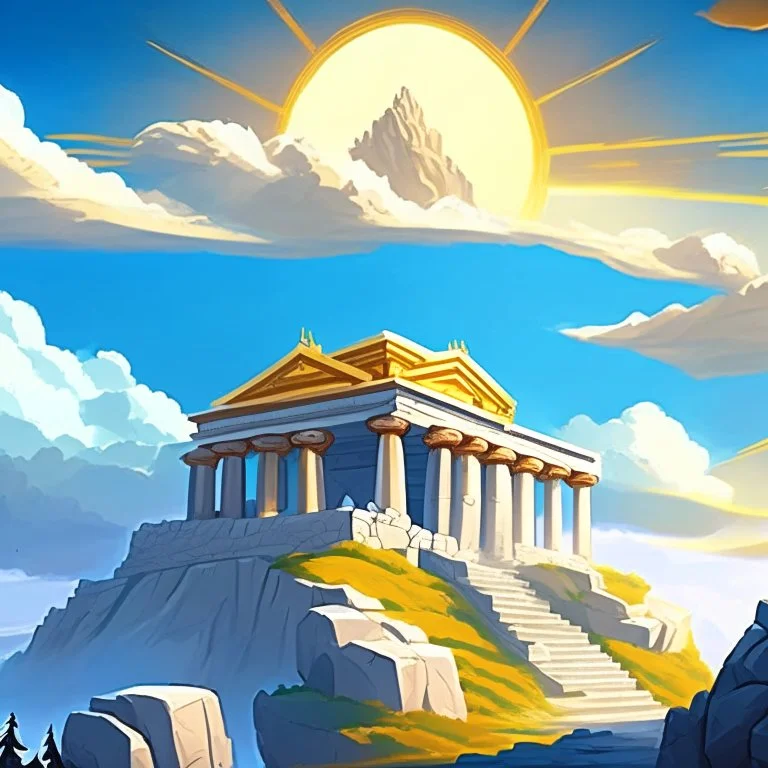 mount olympus from the greek mythology. High up in the mountains. Illustration. Cloudy. Sun behind the temple of ZEUZ.