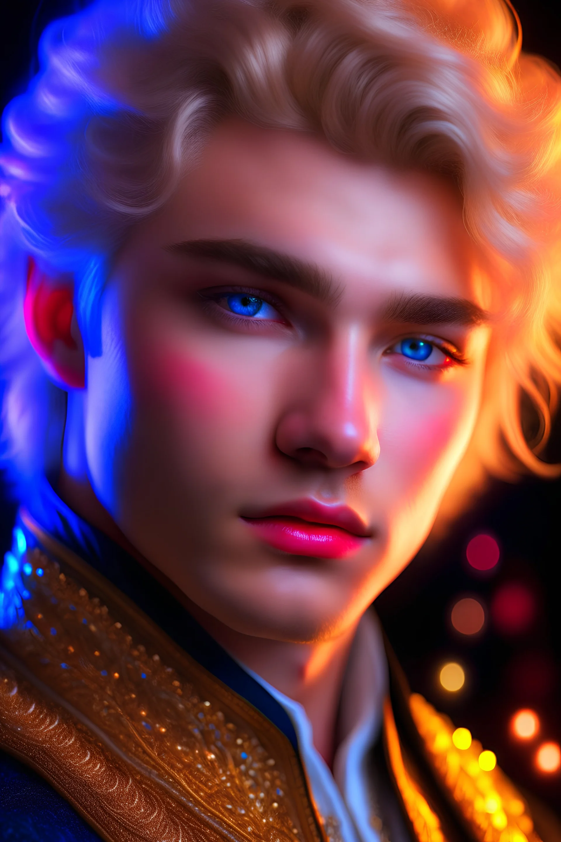 eenager, close-up focused portrait of handsome prince model with very light aurora blonde hair, in chiffon sparkling royal costume character. Detailed angel face, sharp focus, photorealistic, 8K high definition, vivid star colors, sparkly, incredibly detailed, intricate, elegant, trending on Artstation, dynamic moonlights, volumetric starry lighting. Pretty lips. In the middle of the sky, with lots of light.