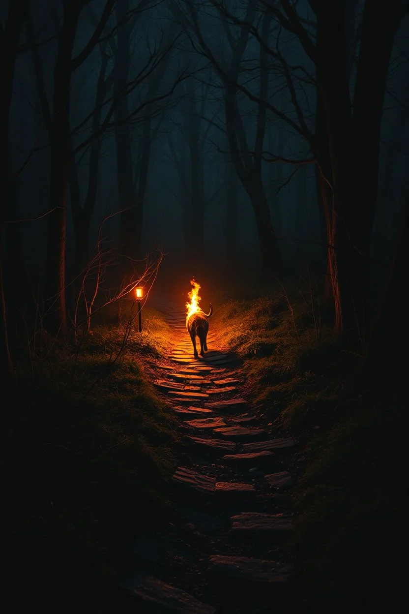 fantasy winding dark fore path with the fire animal in the darkness and cobwebs