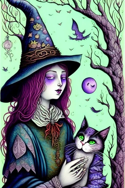 Friendly witch, playing with cats, perfect iris, ink and pencil, pastel colours, style Arik Brauer