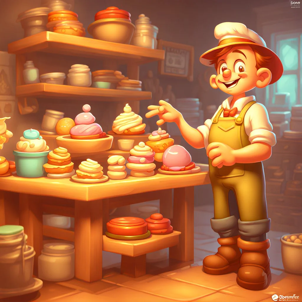 a cartoon character thirty years old confectioner , an ultrafine detailed painting by senior character artist, featured on polycount, sots art, artstation hd, 2d game art, behance hd