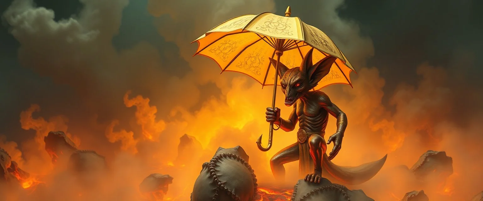 close up on smite by god from wonderland and the evil fox gremlin man holding a golden umbrella in a pool of smoke and lava in the style of Escher and Giger.