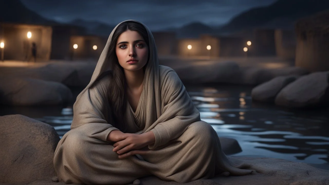 Hyper Realistic closeup-view of a Sad-Young-Beautiful-Pashto-Woman sitting on a stone riverside at dark-village-night