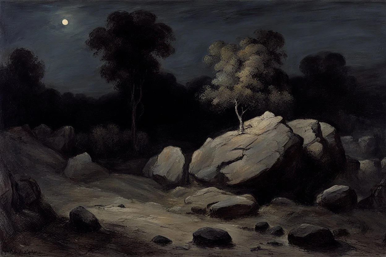 Night, rocks, trees, begginer's landscape, friedrich eckenfelder, and willem maris impressionism paintings