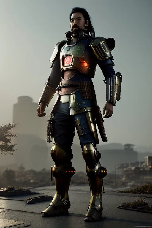 Fully armored cyberpunk samurai, photorealistic
