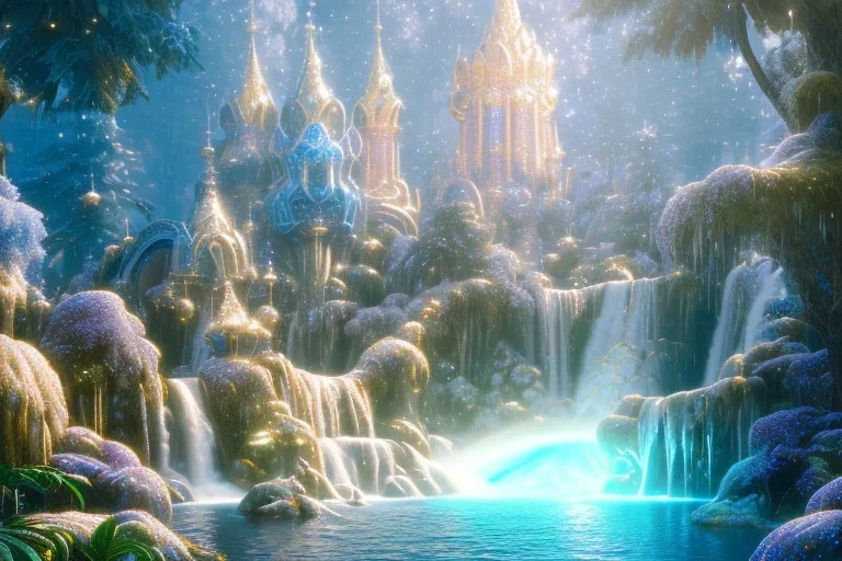  white and gold crystal cosmic ambiance，waterfall, full of details, smooth, bright sunshine，soft light atmosphere, light effect，vaporwave colorful, concept art, smooth, extremely sharp detail, finely tuned detail, ultra high definition, 8 k, unreal engine 5, ultra sharp focus