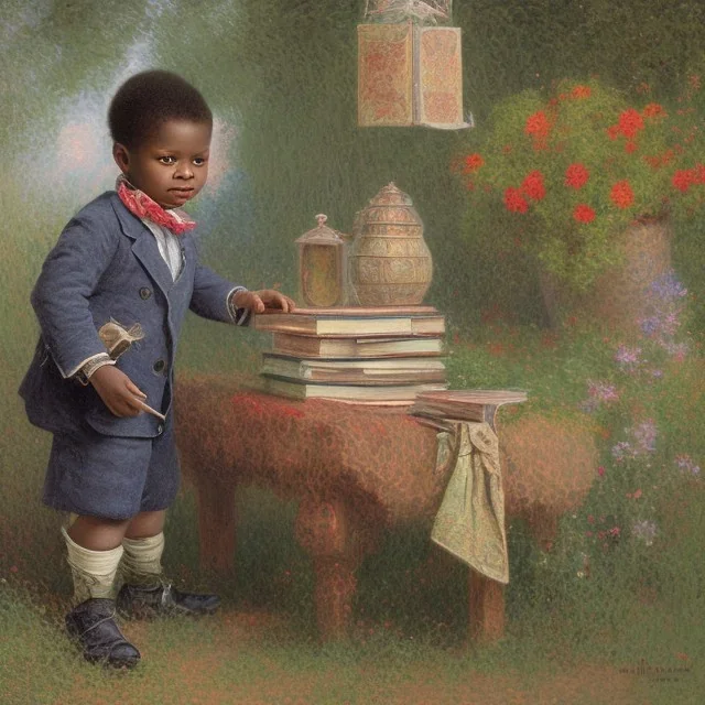 African American baby boy inventor with books by monet