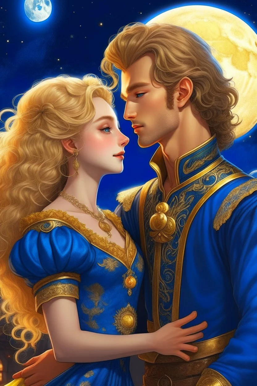 prince who has sandy hair, bronze skin,tall, has short beard,wears a medieval military outfit and is in love with the commoner girl, who has curly platin blonde hair and wears a blue dress, the two kiss very affectionately, illustration of a fantasy book cover with a detailed, smooth, bright background filled withmoon and sun, hyperdetailed, Hyper realistic photograph, 16k resolution, product photo, Formal, Formal dress , Hyper detailed, Intricate, Mystical , Firey, Fire based